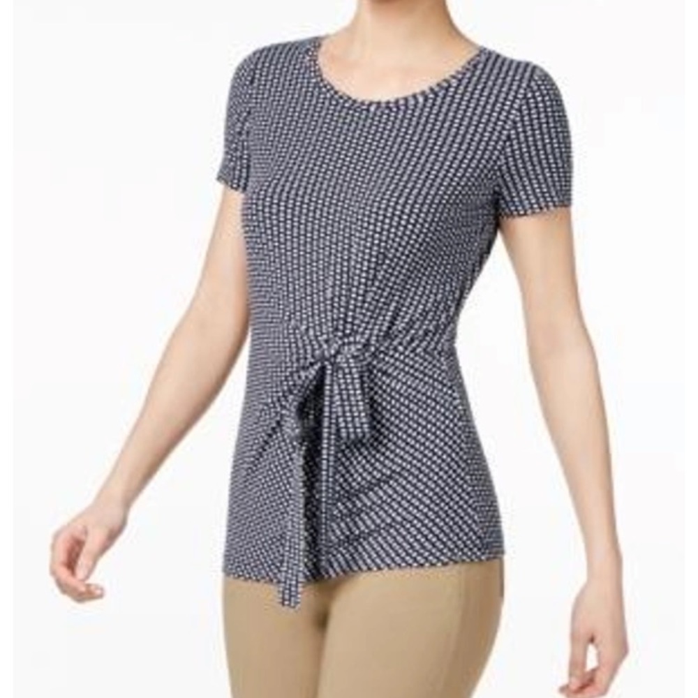❤️Weekend Max Mara Spagna Tie Front Patterned Short Sleeve Top Navy Size L
